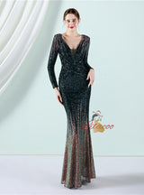 Long Sleeve V-neck Sequins Prom Dress