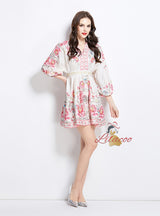 Fashion Printed Slim V-neck Lantern Sleeve Dress