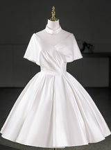 White Satin High Neck Pleats Wedding Dress