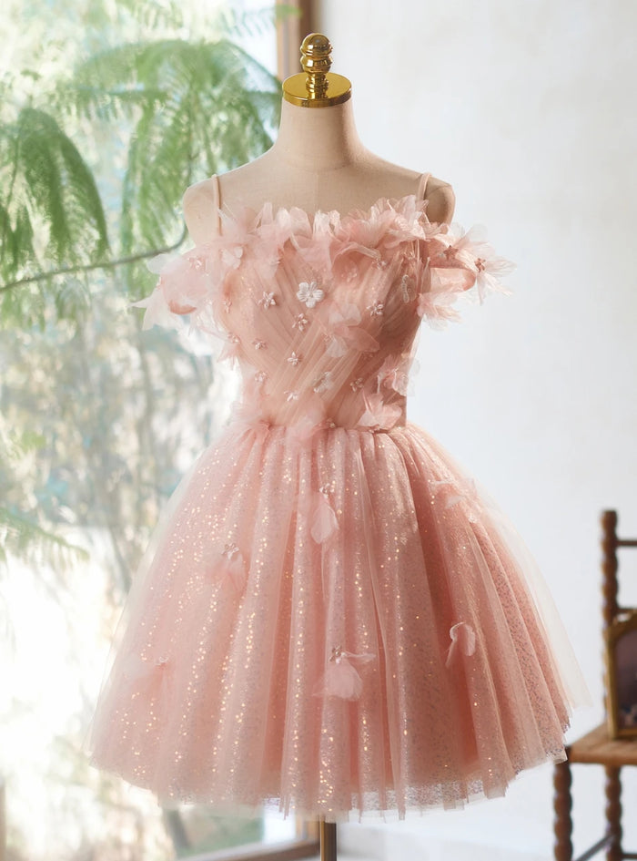 Pink Tulle Sequins Flower Homecoming Dress