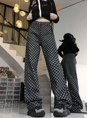 Plaid Wide Leg Loose Straight Jeans