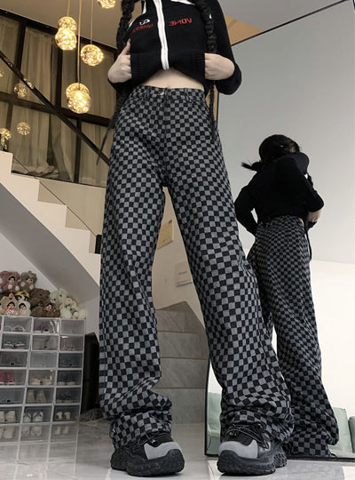 Plaid Wide Leg Loose Straight Jeans