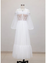 White Tulle Long Sleeve Prom Dress