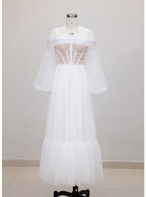White Tulle Long Sleeve Prom Dress