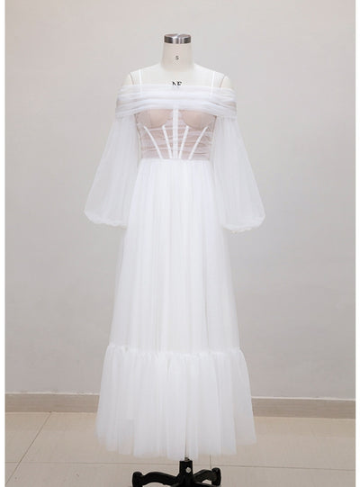 White Tulle Long Sleeve Prom Dress
