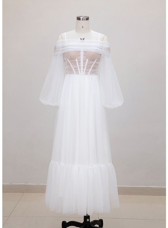 White Tulle Long Sleeve Prom Dress