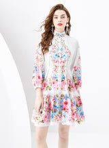 Retro Painted Lantern Sleeve Wavy Printed Dress