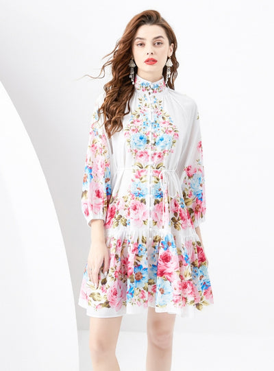Retro Painted Lantern Sleeve Wavy Printed Dress