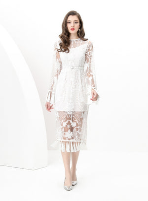 Mesh Flared Sleeve Crocheted Tassel Dress