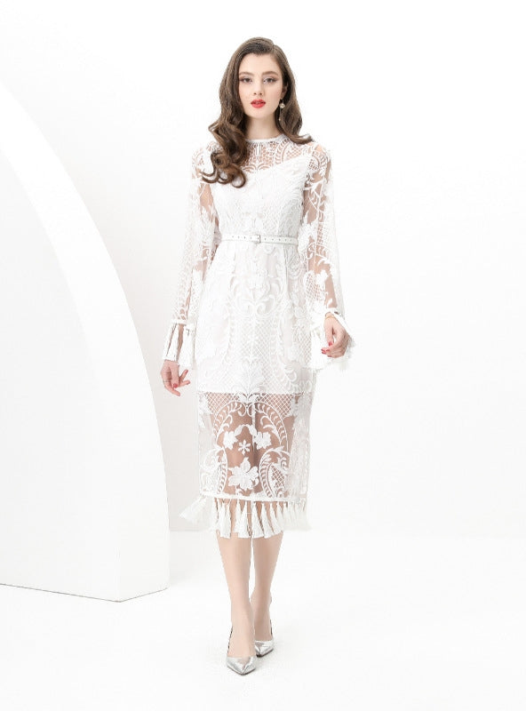 Mesh Flared Sleeve Crocheted Tassel Dress