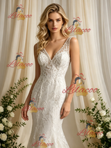 Beige White Mermaid Tulle Lace V-neck Wedding Dress
