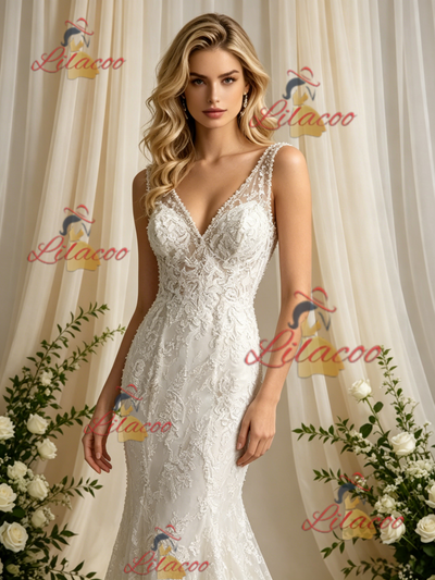 Beige White Mermaid Tulle Lace V-neck Wedding Dress