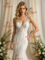 Beige White Mermaid Tulle Lace V-neck Wedding Dress