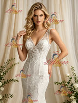 Beige White Mermaid Tulle Lace V-neck Wedding Dress