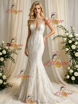 Beige White Mermaid Tulle Appliques Wedidng Dress