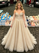 Champagne Tulle Long Sleeve Prom Dress