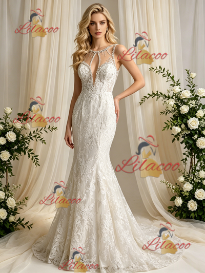 Beige White Mermaid Tulle Appliques Wedidng Dress