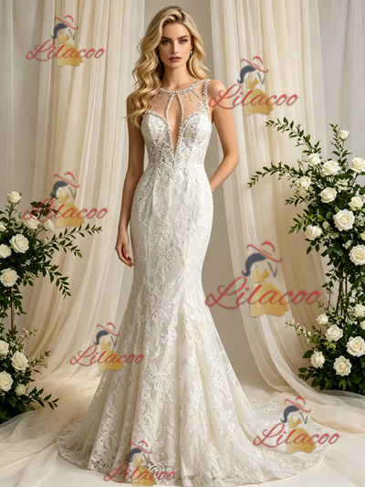 Beige White Mermaid Tulle Appliques Wedidng Dress