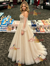Champagne Tulle Long Sleeve Prom Dress