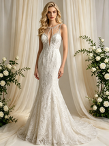 Beige White Mermaid Tulle Appliques Wedidng Dress