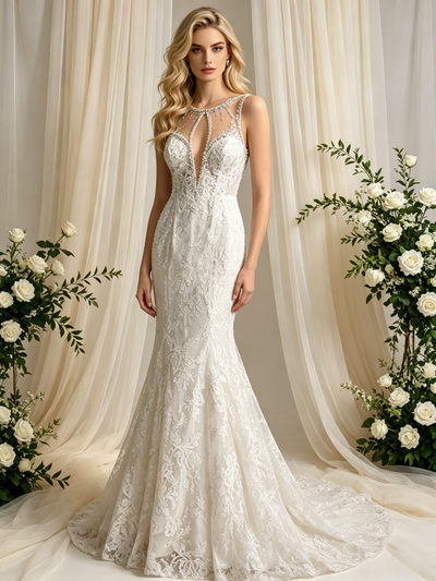 Beige White Mermaid Tulle Appliques Wedidng Dress