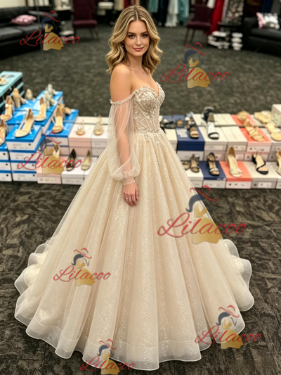 Champagne Tulle Long Sleeve Prom Dress