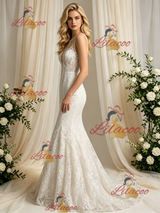 Beige White Mermaid Tulle Appliques Wedidng Dress