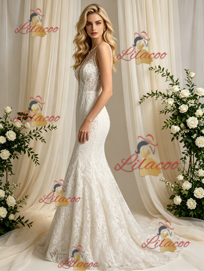 Beige White Mermaid Tulle Appliques Wedidng Dress