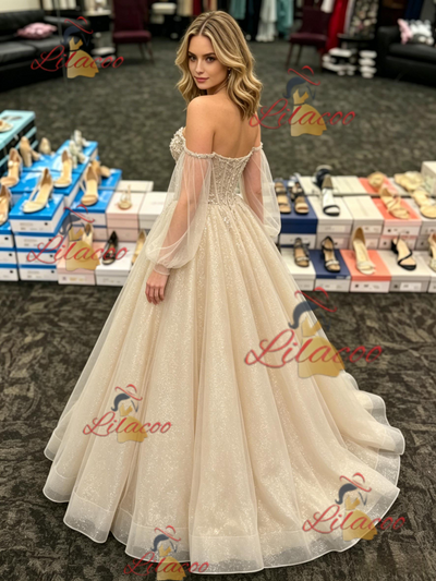 Champagne Tulle Long Sleeve Prom Dress