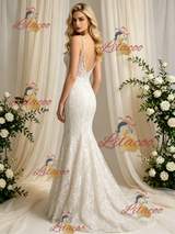 Beige White Mermaid Tulle Appliques Wedidng Dress