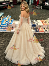 Champagne Tulle Long Sleeve Prom Dress