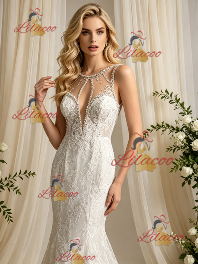 Beige White Mermaid Tulle Appliques Wedidng Dress