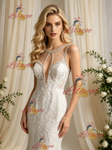 Beige White Mermaid Tulle Appliques Wedidng Dress