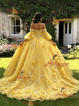 Yellow Tulle 3D Appliques Long Sleeve Quinceanera Dress