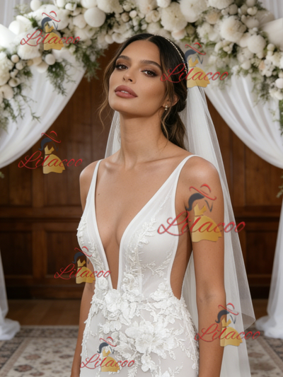 White Tulle V-neck Appliques Wedding Dress
