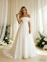 White Tulle Off the Shoulder Pleats Wedding Dress