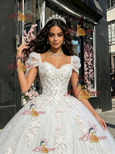 White Tulle Square Neck Appliques Quinceanera Dress