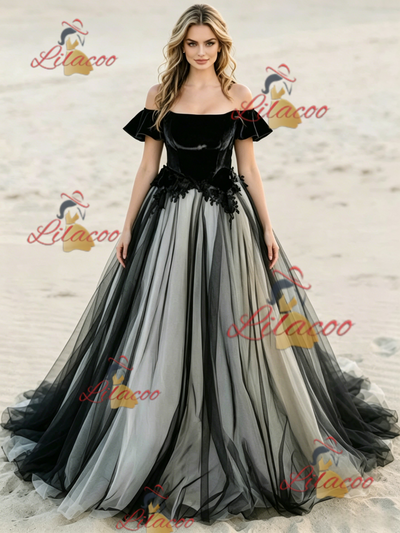 Black Tulle Off the Shoulder Appliques Wedding Dress