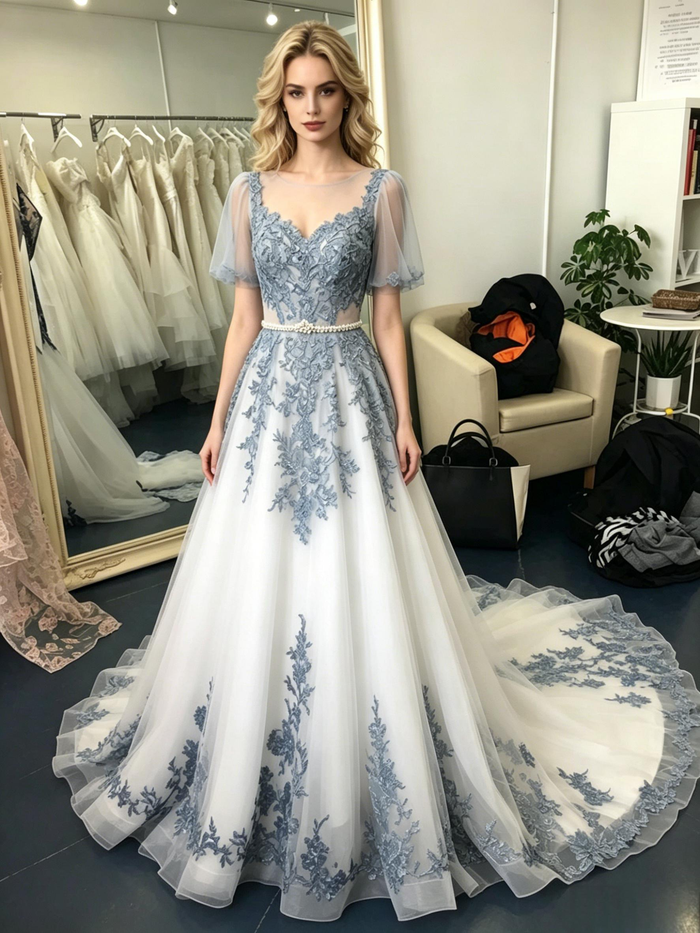 Tulle Lace Appliques Puff Sleeve Prom Dress