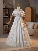 Simple White Lace Satin Off the Shoulder Wedding Dress