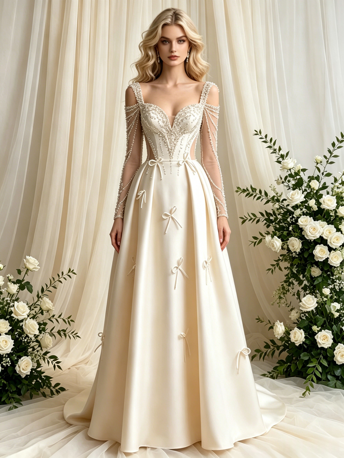 Ivory Satin Long Sleeve Beading Wedding Dress