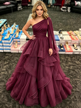 Burgundy Tulle One Shoulder Long Sleeve Prom Dress