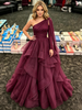 Burgundy Tulle One Shoulder Long Sleeve Prom Dress