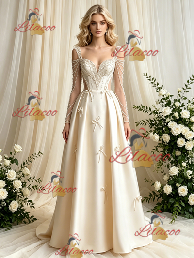 Ivory Satin Long Sleeve Beading Wedding Dress
