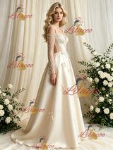 Ivory Satin Long Sleeve Beading Wedding Dress
