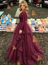 Burgundy Tulle One Shoulder Long Sleeve Prom Dress
