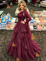 Burgundy Tulle One Shoulder Long Sleeve Prom Dress