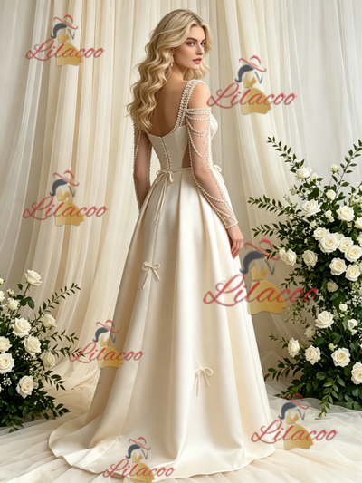 Ivory Satin Long Sleeve Beading Wedding Dress