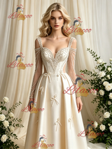 Ivory Satin Long Sleeve Beading Wedding Dress