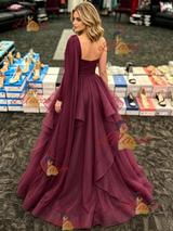 Burgundy Tulle One Shoulder Long Sleeve Prom Dress